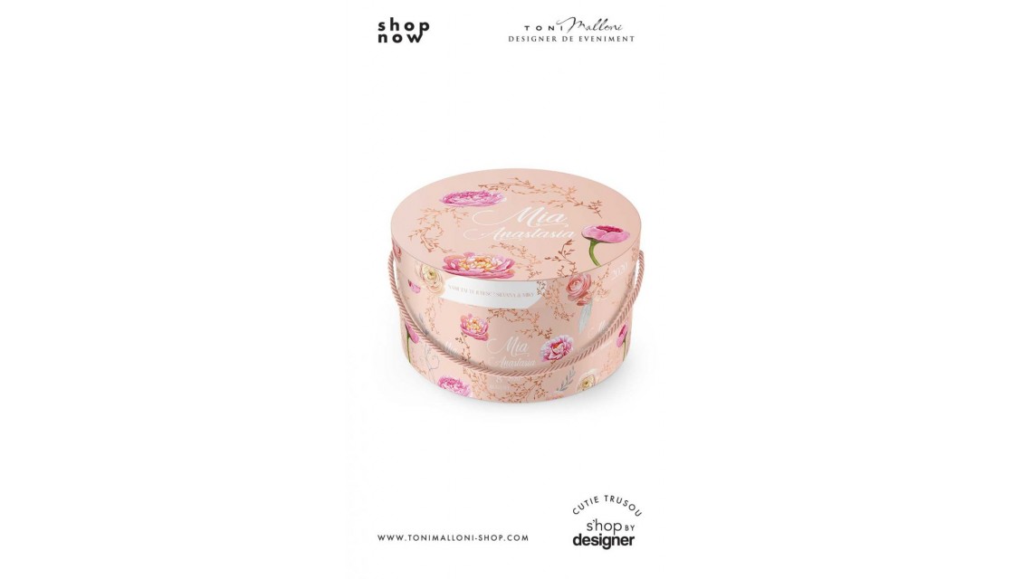 Cutie trusou botez cu bujori roz pastel si fundal somon 1